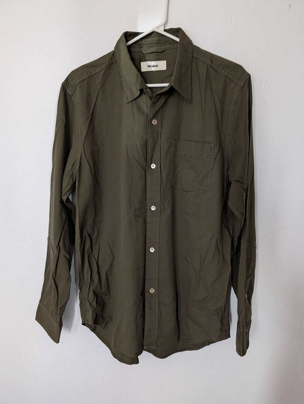 Buck Mason Men’s Shirt Size Large Draped Twill One Pocket Mesquite Green New